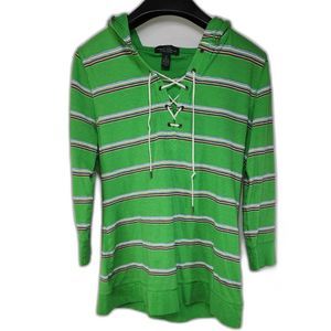 Lauren Ralph Lauren 3/4 Sleeve Green Striped Hooded Pullover Shirt Size M